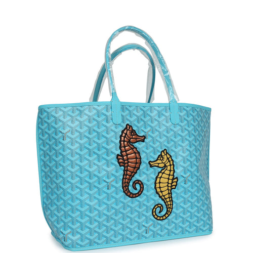 Goyard Goyardine Turquoise Anjou PM Embroidered Seahorse Bag Palladium Hardware