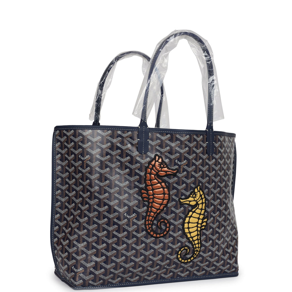 Goyard Goyardine Navy Blue Anjou PM Embroidered Seahorse Bag Palladium Hardware Navy New and Never Worn Canvas