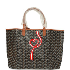 Goyard Goyardine Canvas Black and Brown Hand-Painted Coeur Ruban Saint Louis PM Tote Palladium Hardware