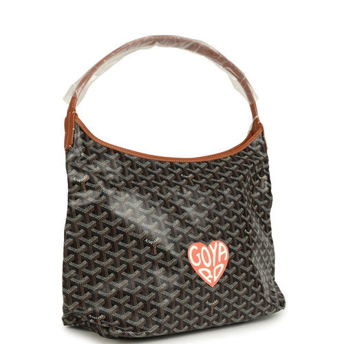 Goyard Goyardine Canvas Black and Brown Hand-Painted Heart Boheme Hobo PM Palladium Hardware