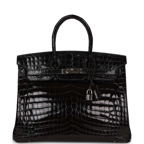 Pre-owned Hermes Birkin 35 Black Shiny Porosus Crocodile Palladium Hardware