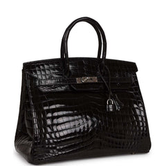 Pre-owned Hermes Birkin 35 Black Shiny Porosus Crocodile Palladium Hardware