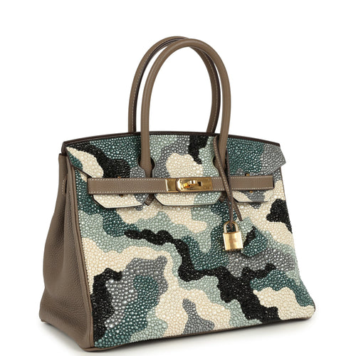 Custom "Camouflage" Swarovski Crystal Hermes Birkin 30 Etoupe Togo Gold Hardware