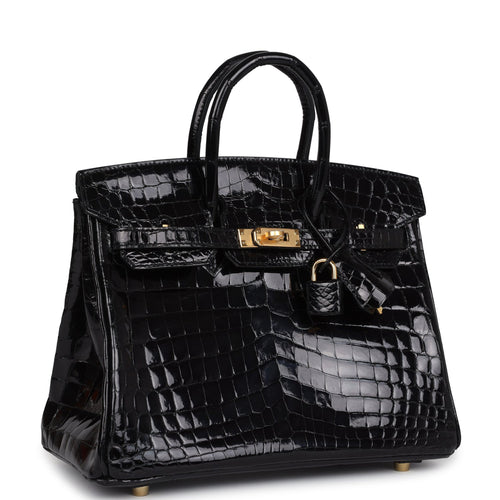 Hermes Birkin 25 Black Shiny Porosus Crocodile Gold Hardware