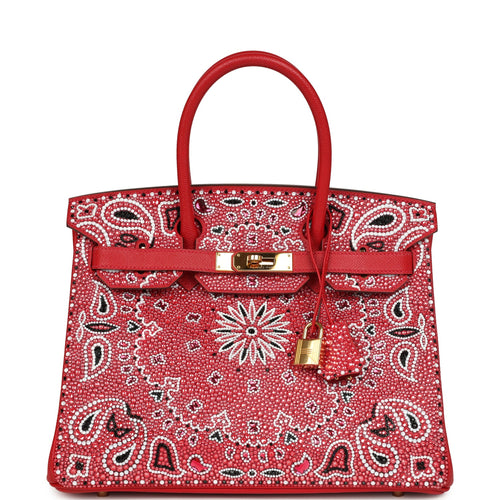 Custom "Paisley Bandana" Swarovski Crystal Hermes Birkin 30 Rouge Casaque Epsom Gold Hardware