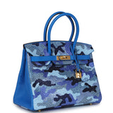 Custom Camouflage Swarovski Crystal Hermes Special Order (HSS) Birkin 30 Bleu Hydra Chevre Gold Hardware