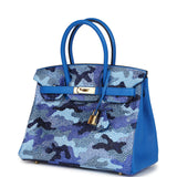 Custom Camouflage Swarovski Crystal Hermes Special Order (HSS) Birkin 30 Bleu Hydra Chevre Gold Hardware