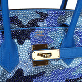 Custom Camouflage Swarovski Crystal Hermes Special Order (HSS) Birkin 30 Bleu Hydra Chevre Gold Hardware