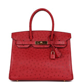 Pre-owned Hermes Birkin 30 Rouge Vif Ostrich Gold Hardware