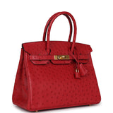 Pre-owned Hermes Birkin 30 Rouge Vif Ostrich Gold Hardware