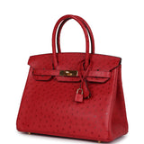 Pre-owned Hermes Birkin 30 Rouge Vif Ostrich Gold Hardware