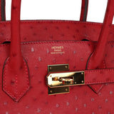 Pre-owned Hermes Birkin 30 Rouge Vif Ostrich Gold Hardware