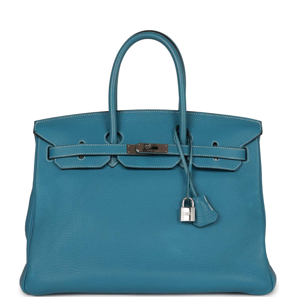 Preowned Authentic Hermes Togo Birkin Bleu Jean with Palladium Hardware Clemence Leather