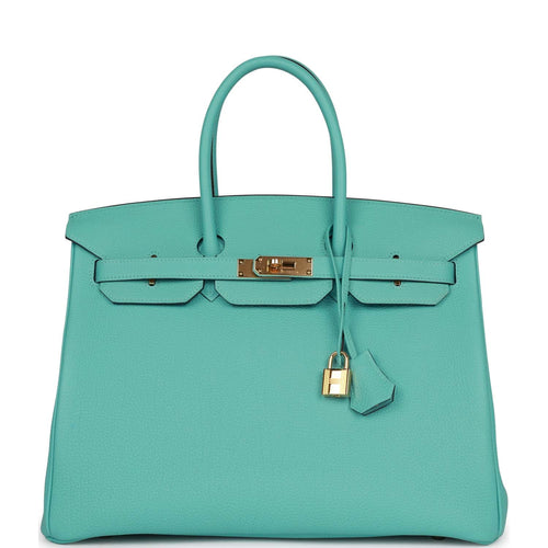 Pre-owned Hermes Birkin 35 Bleu Atoll Togo Gold Hardware