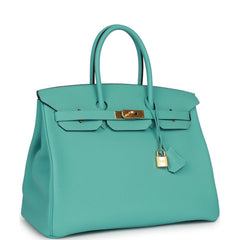 Pre-owned Hermes Birkin 35 Bleu Atoll Togo Gold Hardware