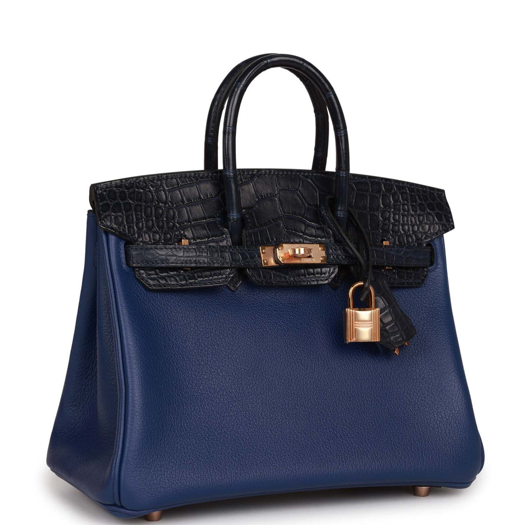Hermes Birkin 25 Bleu Marine Matte Alligator and Bleu Saphir Novillo Touch Rose Gold Hardware Bleu Marine/Bleu Saphir New Exotic