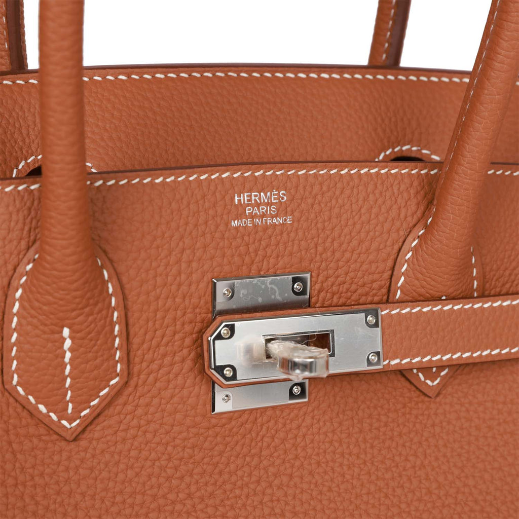 Hermes Birkin Handbag 30cm Gold Epsom Palladium - White Contrast Stitching