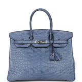 Pre-owned Hermes Birkin 35 Bleu Brighton Matte Alligator Palladium Hardware