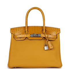 Hermes Birkin 30cm Jaune Ambre Touch Togo/Shiny Croc PHW - Lilac