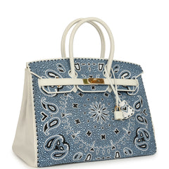 Custom "Paisley Bandana" Swarovski Crystal Hermes Birkin 35 White Epsom Gold Hardware