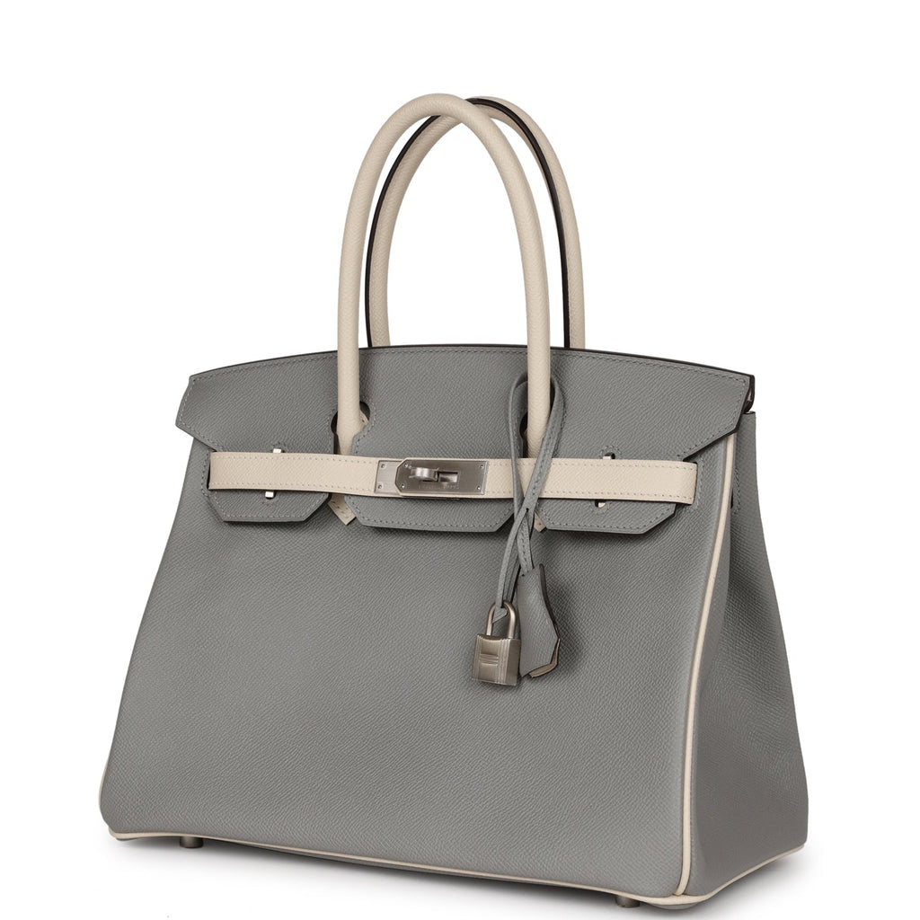 HERMÈS, HORSESHOE STAMP (HSS) BICOLOR GRIS MOUETTE AND BLACK SELLIER KELLY  32CM IN EPSOM LEATHER WITH PALLADIUM HARDWARE, Handbags & Accessories, 2020