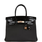 Hermes Birkin 30 Black Niloticus Crocodile and Togo Touch Rose Gold Hardware