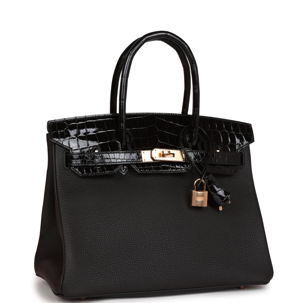 Hermes Birkin 30 Black Niloticus Crocodile and Togo Touch Rose Gold Hardware