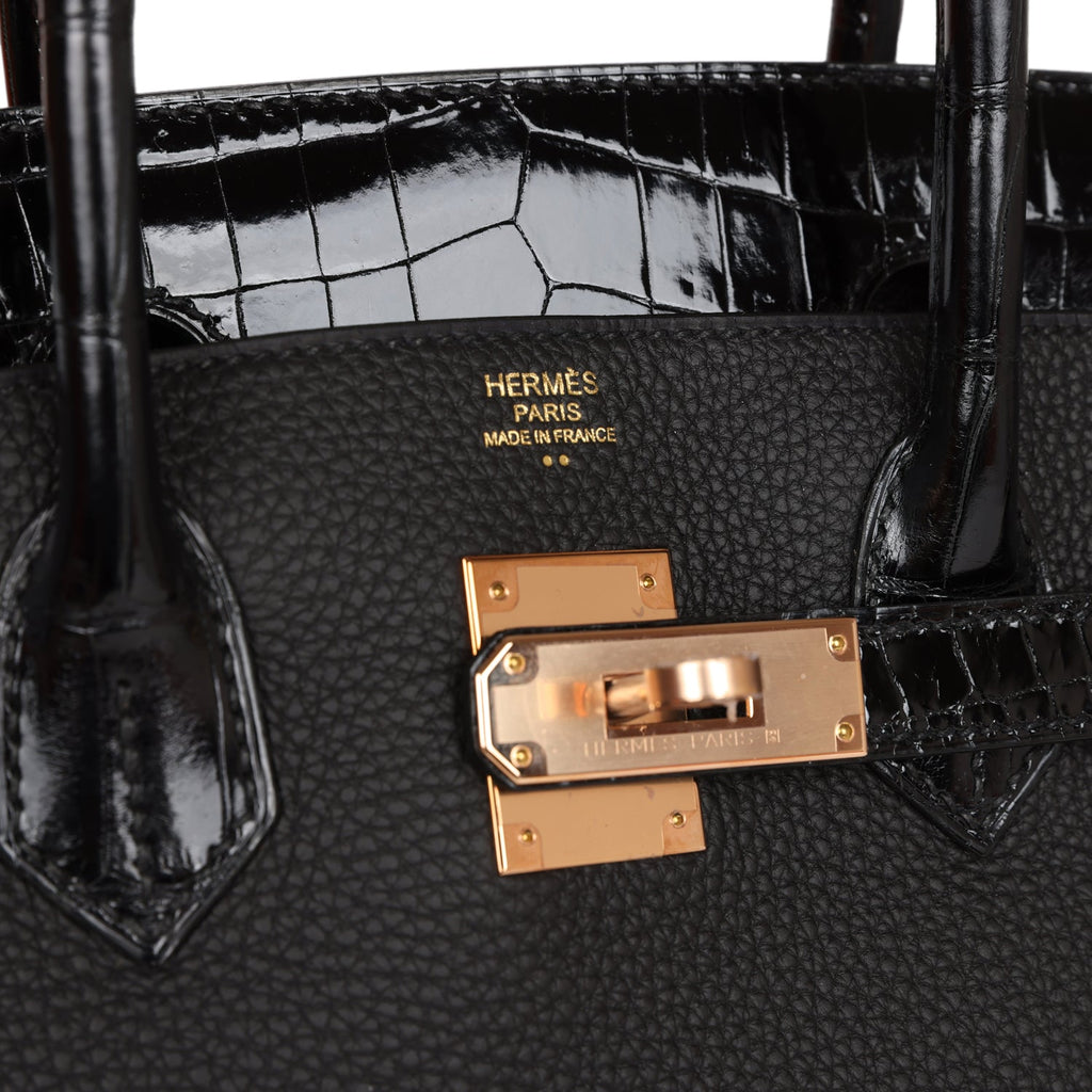 Hermes Birkin 30 Black Niloticus Crocodile and Togo Touch Rose Gold Ha –  Madison Avenue Couture