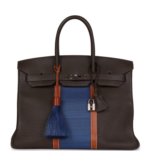 Pre-owned Hermes Birkin Club 35 Vert Bronze, Blue Thalassa, Fauve Barenia Fjord & Ottomane Palladium Hardware