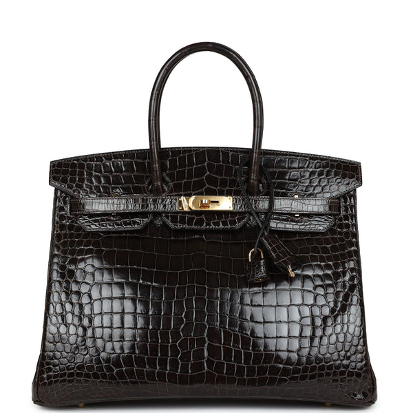 Pre-owned Hermes Birkin 35 Graphite Shiny Porosus Crocodile Gold Hardw ...