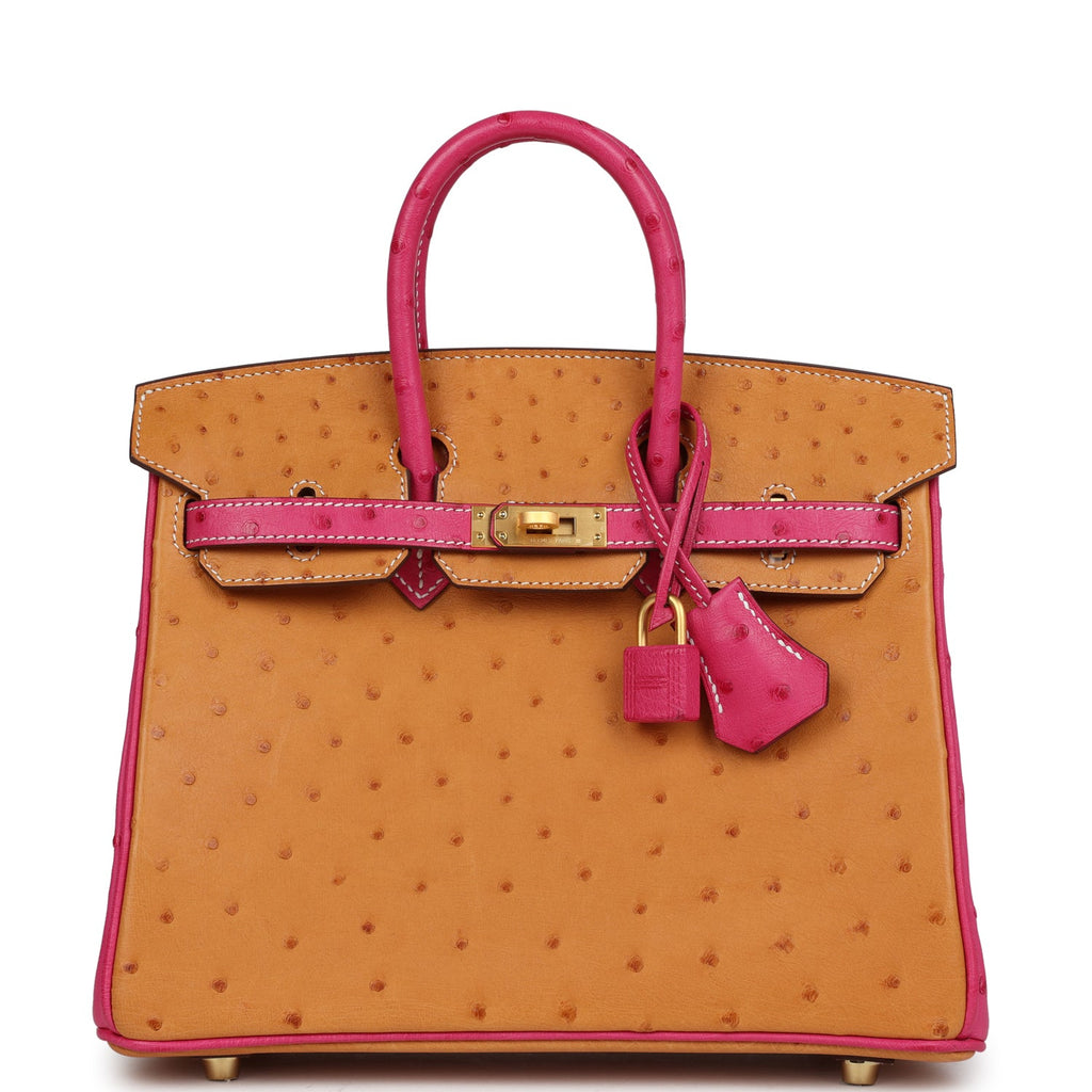 Hermes Special Order (HSS) Birkin 25 Gold and Rose Tyrien Ostrich Brushed Gold Hardware