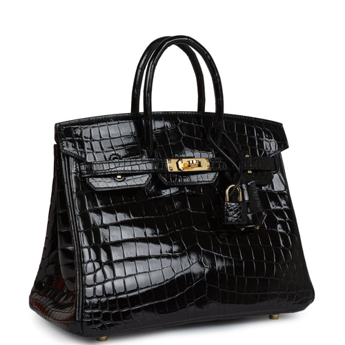 Hermes Birkin 25 Black Shiny Niloticus Crocodile Gold Hardware
