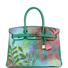 Custom "Paradise" Swarovski Crystal Hermes Birkin 30 Vert Vertigo Togo Palladium Hardware