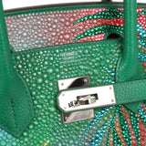 Custom "Paradise" Swarovski Crystal Hermes Birkin 30 Vert Vertigo Togo Palladium Hardware