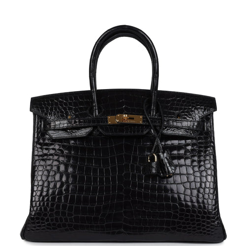 Vintage Hermes Birkin 35 Black Shiny Porosus Crocodile Gold Hardware