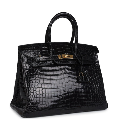 Vintage Hermes Birkin 35 Black Shiny Porosus Crocodile Gold Hardware