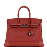Pre-owned Hermes Birkin 35 Ghillies Brique Clemence and Evercolor Palladium Hardware
