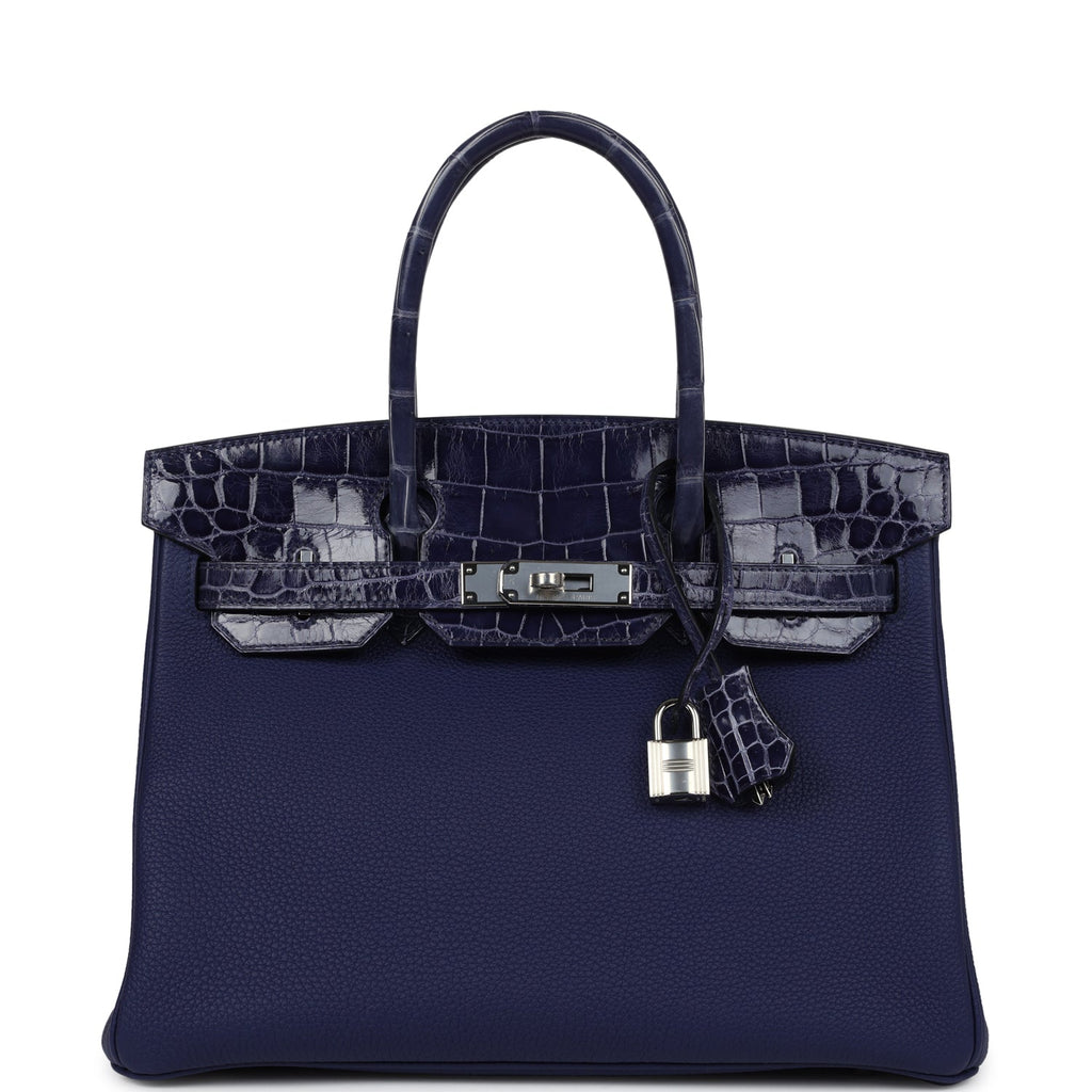 Hermes Birkin 30 Bleu Encre Togo and Shiny Niloticus Crocodile Touch Palladium Hardware Blue Never Worn Exotic