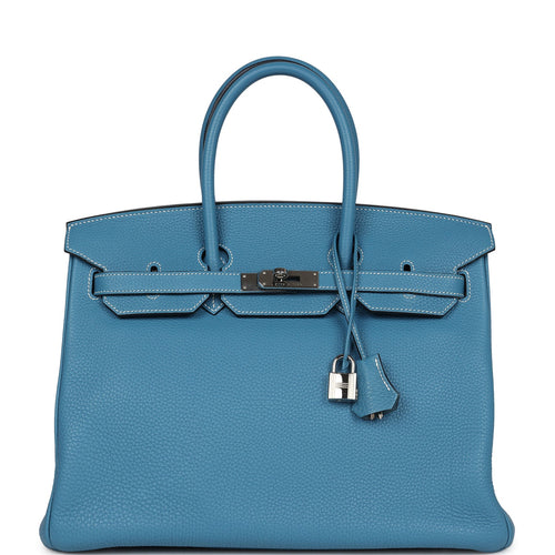 Pre-owned Hermes Birkin 35 Blue Jean Clemence Palladium Hardware