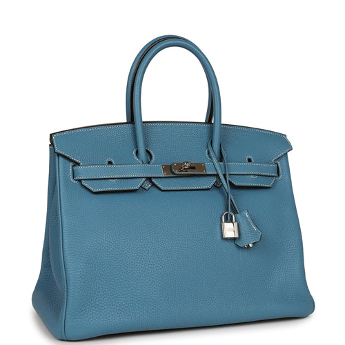 Pre-owned Hermes Birkin 35 Blue Jean Clemence Palladium Hardware