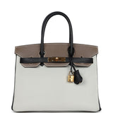 Pre-owned Hermes Special Order (HSS) Tri-color Birkin 30 Gris Perle, Etoupe and Black Chevre Mysore Gold Hardware