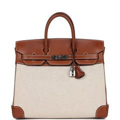 Pre-owned Hermes HAC Birkin 32 Toile and Fauve Barenia Palladium Hardware