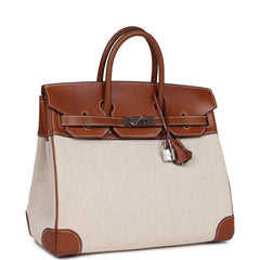 Pre-owned Hermes HAC Birkin 32 Toile and Fauve Barenia Palladium Hardware