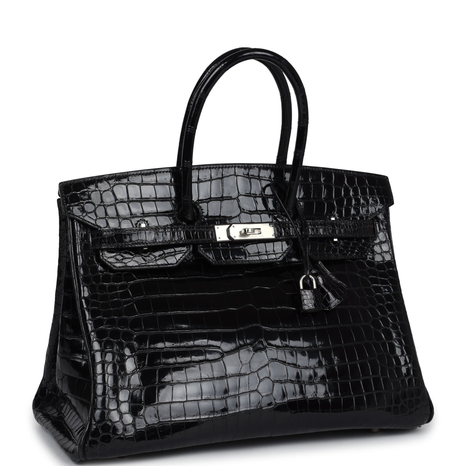 Vintage Hermes Birkin 35 Black Shiny Porosus Crocodile Palladium Hardw ...