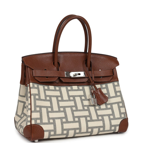 Pre-owned Hermes Birkin 30 Marron D'Inde Buffalo and Mosaique Canvas Palladium Hardware
