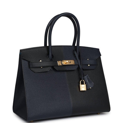 Hermes Casaque Birkin Sellier 30 Black, Bleu Indigo and Bleu Zanzibar Epsom Gold Hardware