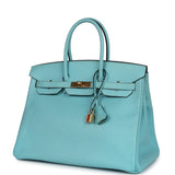 Pre-owned Hermes Birkin 35 Bleu Atoll Epsom Gold Hardware