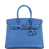 Pre-owned Hermes Birkin 30 Bleuet Ostrich Palladium Hardware