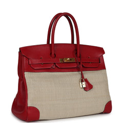 Vintage Hermes Birkin 35 Rouge Vif Buffalo and Crinoline Gold Hardware
