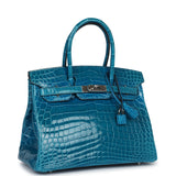 Hermes Birkin 30 Bleu Izmir Shiny Niloticus Crocodile Palladium Hardware